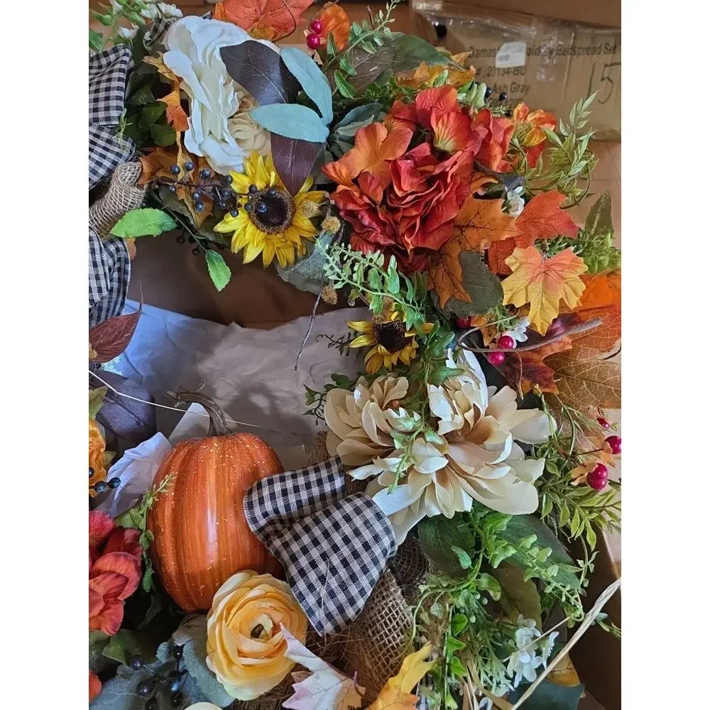 Handmade Autumn Fall Wreath Pumpkin Sunflower Buffalo Plaid Farmhouse Orange...